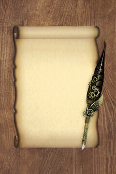 Ornate old quill pen on parchment paper scroll on rustic wood background. Document for manuscript, diploma, love letter, party invitation.