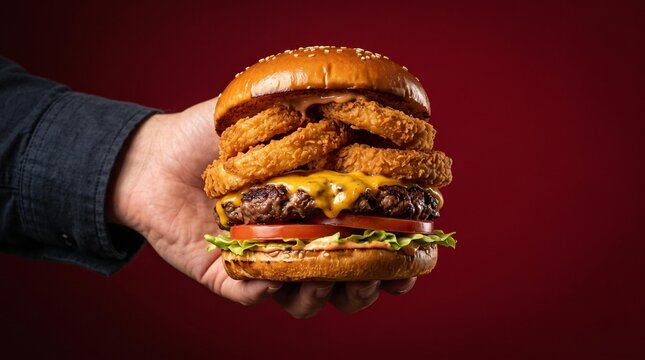 Hand holding a massive triple cheeseburger with onion rings.