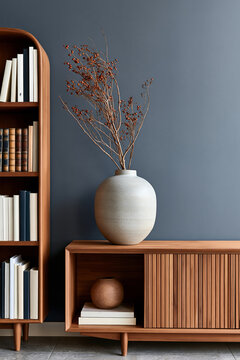 Hand-thrown ceramic vase with dried branch on teak shelf in Mid-Century Modern home office against deep navy wall