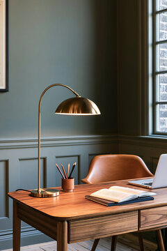 Brass tulip table lamp illuminating a walnut desk in a Mid-Century Modern home office with matte forest green walls and large window