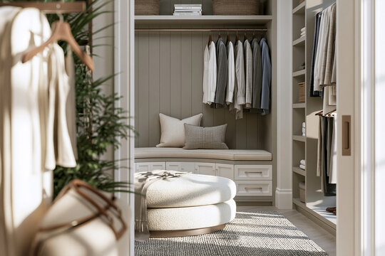 Softly blurred view of a modern coastal walk-in closet featuring a curved bench, organized clothing, and natural light illuminating the space