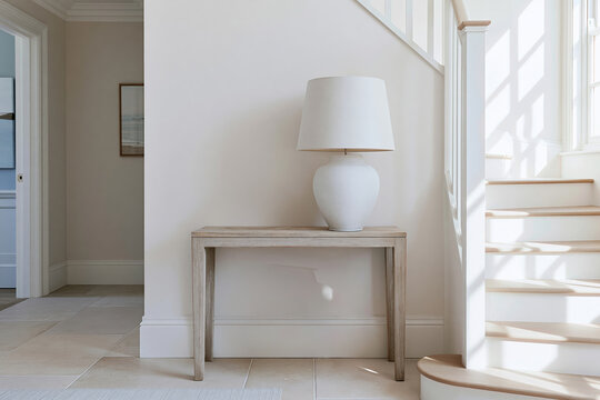 Modern coastal foyer featuring a bleached oak console table with a lamp and a staircase, illuminated by warm afternoon light