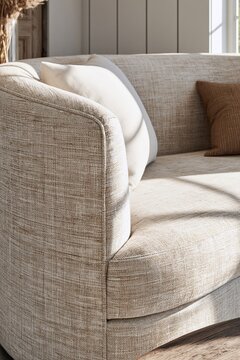 Closeup of linen upholstery texture on a curved sofa with decorative pillows in a bright, modern coastal entryway setting