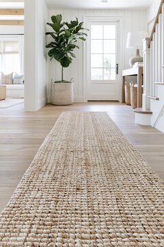 Closeup of woven jute runner on bleached oak flooring in a Modern Coastal entryway with natural light illuminating the texture and decor