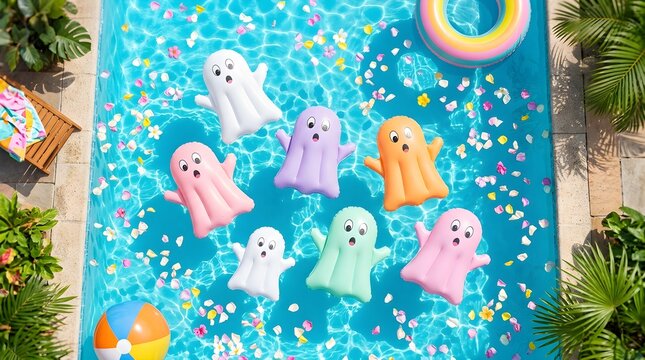 Colorful ghost pool floats for summer fun pastel inflatables and tropical poolside decor