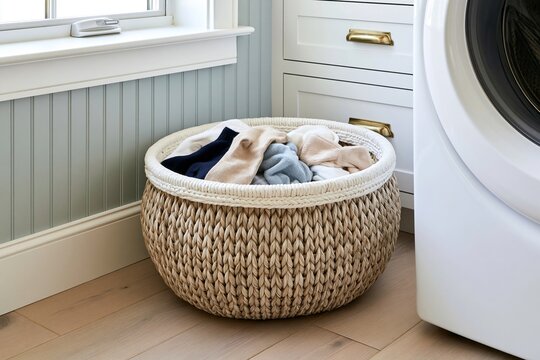 Woven basket filled with mismatched socks beside a dryer in a modern coastal laundry room with pale blue beadboard walls and natural light