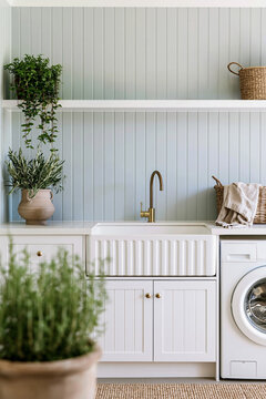 Potted herbs in foreground with farmhouse sink and laundry appliances in modern coastal style laundry room featuring pale blue beadboard wall