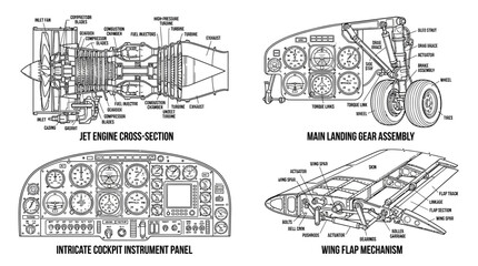 Fototapeta premium Technical diagrams of aircraft components showing jet engine, landing gear, cockpit panel and wing flap, perfect for educational textbooks, engineering design and aviation training