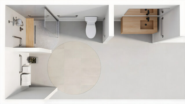 Overhead architectural layout of spacious wheelchair accessible bathroom with shower toilet and grab bars