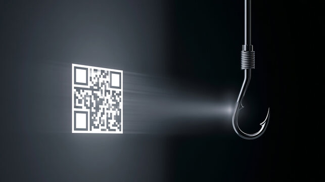Fishing hook dangling over bright red glowing QR code code pattern

