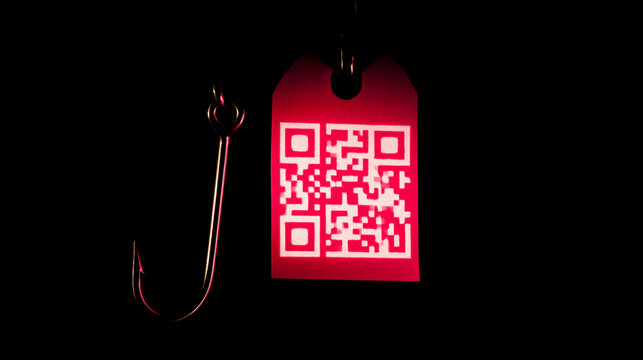 Fishing hook dangling over bright red glowing QR code code pattern

