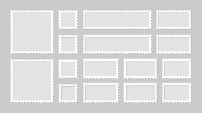 Blank white postage stamp templates with perforated edges in various sizes on a grey background, perfect for graphic design projects, envelope mockups and postal branding