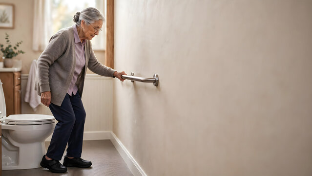Elderly woman using bathroom grab bar while standing beside toilet in accessible home interior