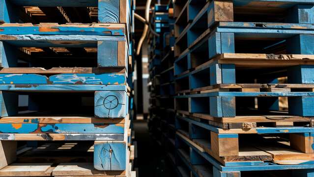 Stacks of weathered blue wooden pallets