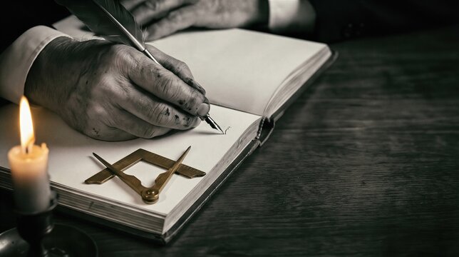 Man writing in a ledger with a quill near a masonic square and compass instrument. Secret society member recording history. Antique candle light and dark wood table for mystical ritual.