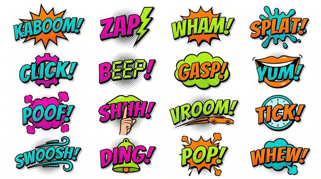 Set of colorful comic book sound effects onomatopoeia speech bubbles with halftone shadows on white background, perfect for graphic design, comic book illustration and creative advertising