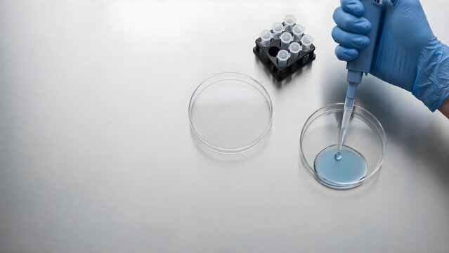 Overhead laboratory pipetting of blue liquid sample into petri dish with test tubes and copy space