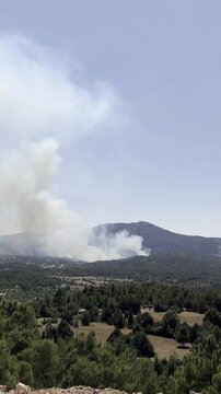 Powerful water-dropping aircraft fighting tirelessly against a massive wall of dark smoke in a scorching summer woodland