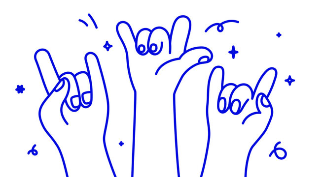 Vector hand drawn gestures, doodle sketchy illustrations, three hands showing  let's rock signs