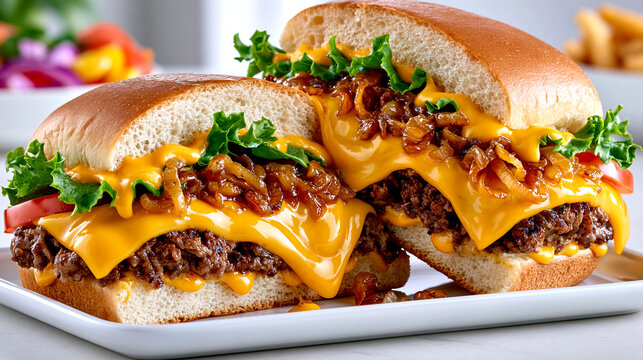 Two halves of a gourmet cheeseburger with melted cheddar, caramelized onions, lettuce, and tomato are displayed on a white plate.