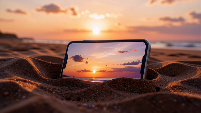 Smartphone captures beautiful beach sunset scene