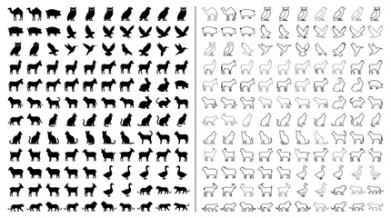 Fototapeta premium Large collection of animal silhouettes and outline vector icons on white background, perfect for logo design, educational materials and graphic projects