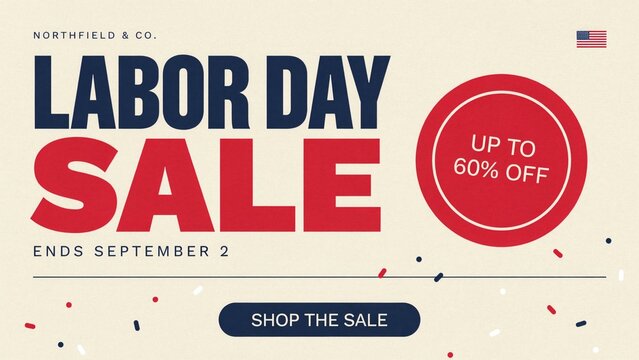 Labor Day sale banner with 60 percent discount offer. Retail promotion poster featuring bold red and white design for end-of-summer shopping event.