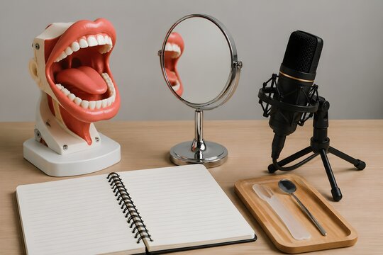 Language Articulation Practice Kit with Mouth Model Mirror Microphone and Workbook for Pronunciation Training Sessions