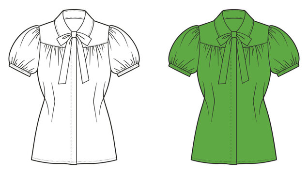 Fashion sketch of a short-sleeved women blouse with a bow neckline clothing neckline tailoring silhouette technical wardrobe dressmaker