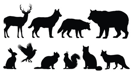 Obraz premium Wild animal silhouettes set featuring deer wolf bear fox squirrel rabbit and bird silhouette wildlife squirrel woodland creature collection