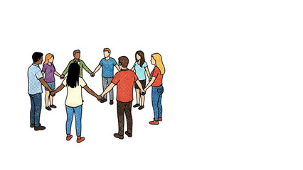 Obraz premium Diverse Group of People Holding Hands in a Circle, Pop Art Halftone Illustration of Unity and Community