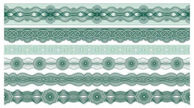 Green guilloche protective borders and security frame elements on white background, perfect for certificate design, banknote authentication and official diploma decoration