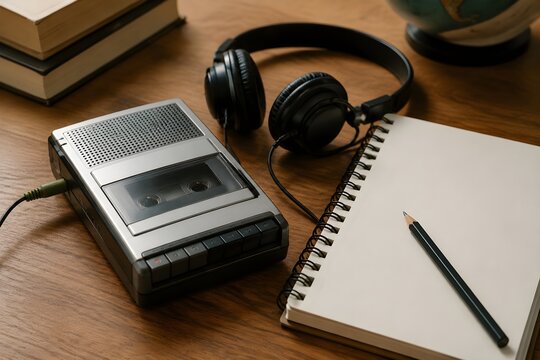 Nostalgic Language Learning Audio Player with Headphones and Workbook for Engaging Listening Practice Sessions Daily