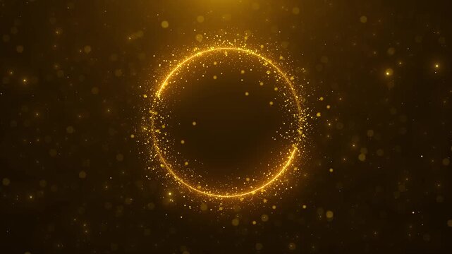 Golden circular particle ring glowing halo, floating bokeh, amber depth, and elegant empty center. luxury titles, award intros, wedding , festive openers, logo reveals, celebration premium overlays.