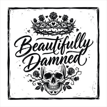 Beautifully damned elegant script lettering design framed with a crown roses and detailed skull for apparel design