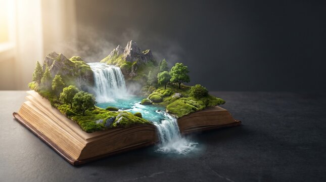 Fantasy concept of nature and river emerging from old book