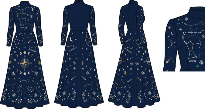 Navy blue constellation dress technical flat sketch set featuring celestial pattern and stargazing details