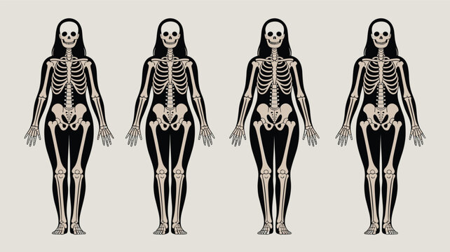 Set of four female skeletons with long black hair standing in a row for medical or anatomical comparison studies.