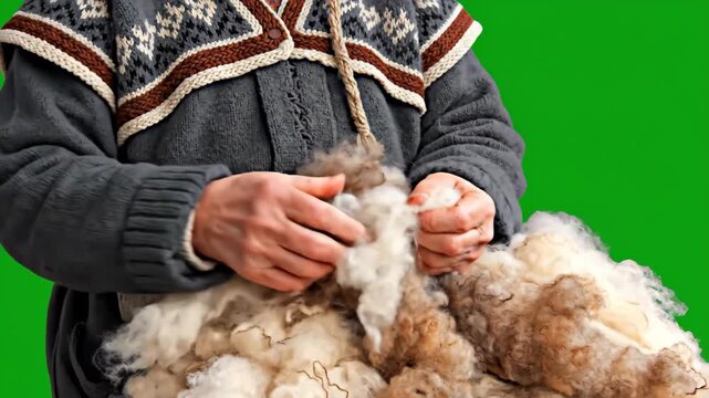 Shepherd's hands gently carding raw wool fiber on a green screen background during daytime for textile production