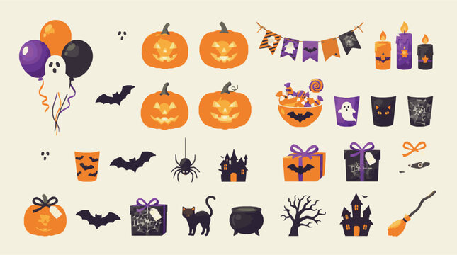 halloween icons set with pumpkins, ghosts, bats, and candles