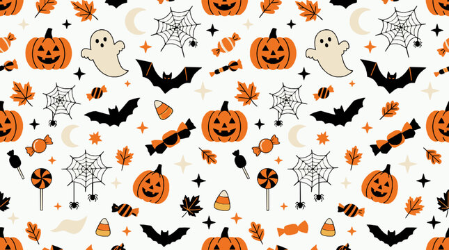 halloween pattern with pumpkins, ghosts, bats, and candy
