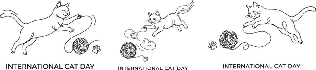 Fototapeta premium International cat day line art playful cats with yarn balls