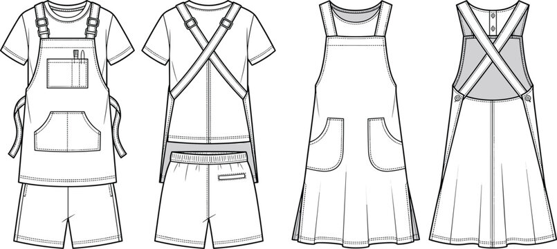 Fashion technical flat sketch set of chef apron tshirt shorts and pinafore dress template