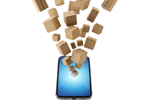 Smartphone ecommerce concept with multiple boxes falling into display screen.