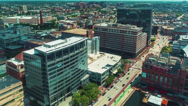 Baltimore City Aerial View Hyperlapse Featuring Busy Traffic Flow and Modern Urban Infrastructure in a Major Metropolitan East Coast Usa Downtown Financial District 4k