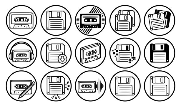 Clean line art generic retro tech emblem vector set with classic bold vintage badge retro cassette tape unbranded floppy disk mixtape studio and sweet 80s nostalgia graphics for apparel