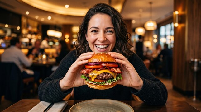 Woman enjoying a large burger in a cozy restaurant.