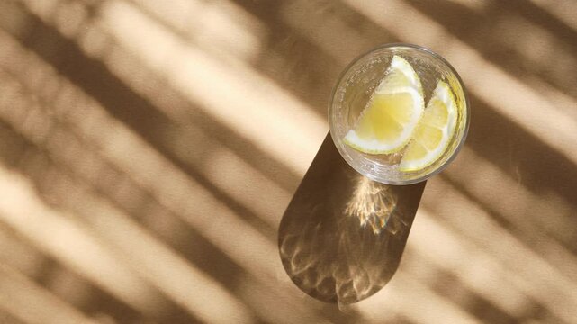 Glass of sparkling soda water with lemon on beige aesthetic background with sunlight shadows. Mineral refreshing drink, diet detox beverage from thirst.