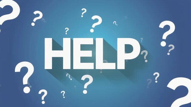 Help text with floating question marks on blue background, business support concept for customer service, faq, assistance, advice and problem solving