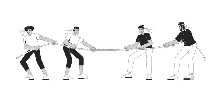 Participants competing in traditional Indonesian tug of war line art characters. Independence Day festivity. Community celebration isolated vector outline people. Black and white spot illustration